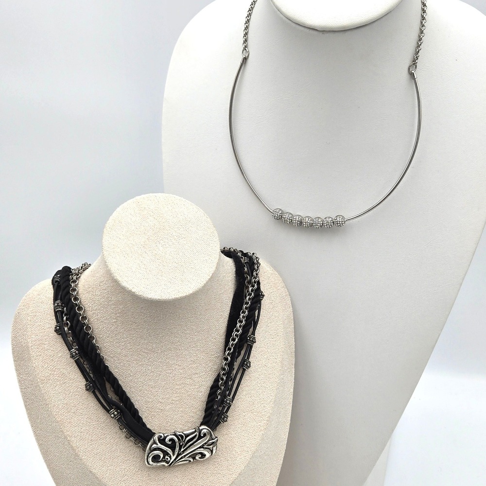 Chico's Silver Tone Necklace Set Multi Strand Filigree & Rhinestone Collar